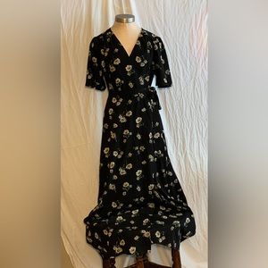Navy Blue Flowered Wrap Dress